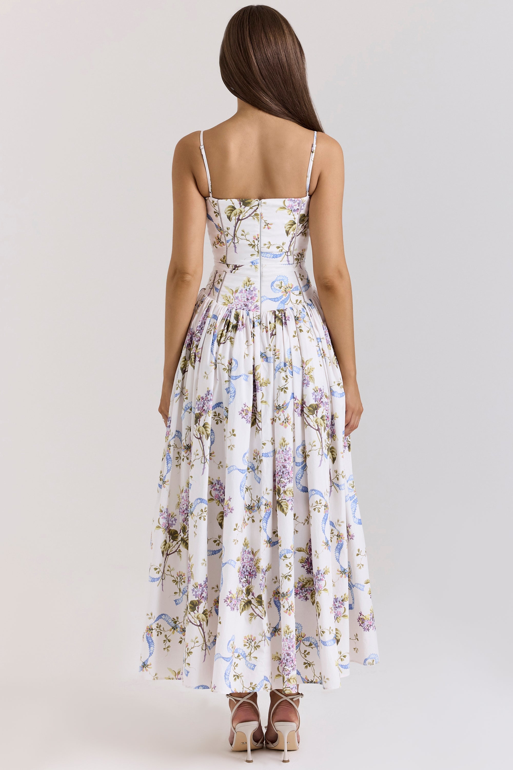 White Floral Pleated Waist Midi Dress