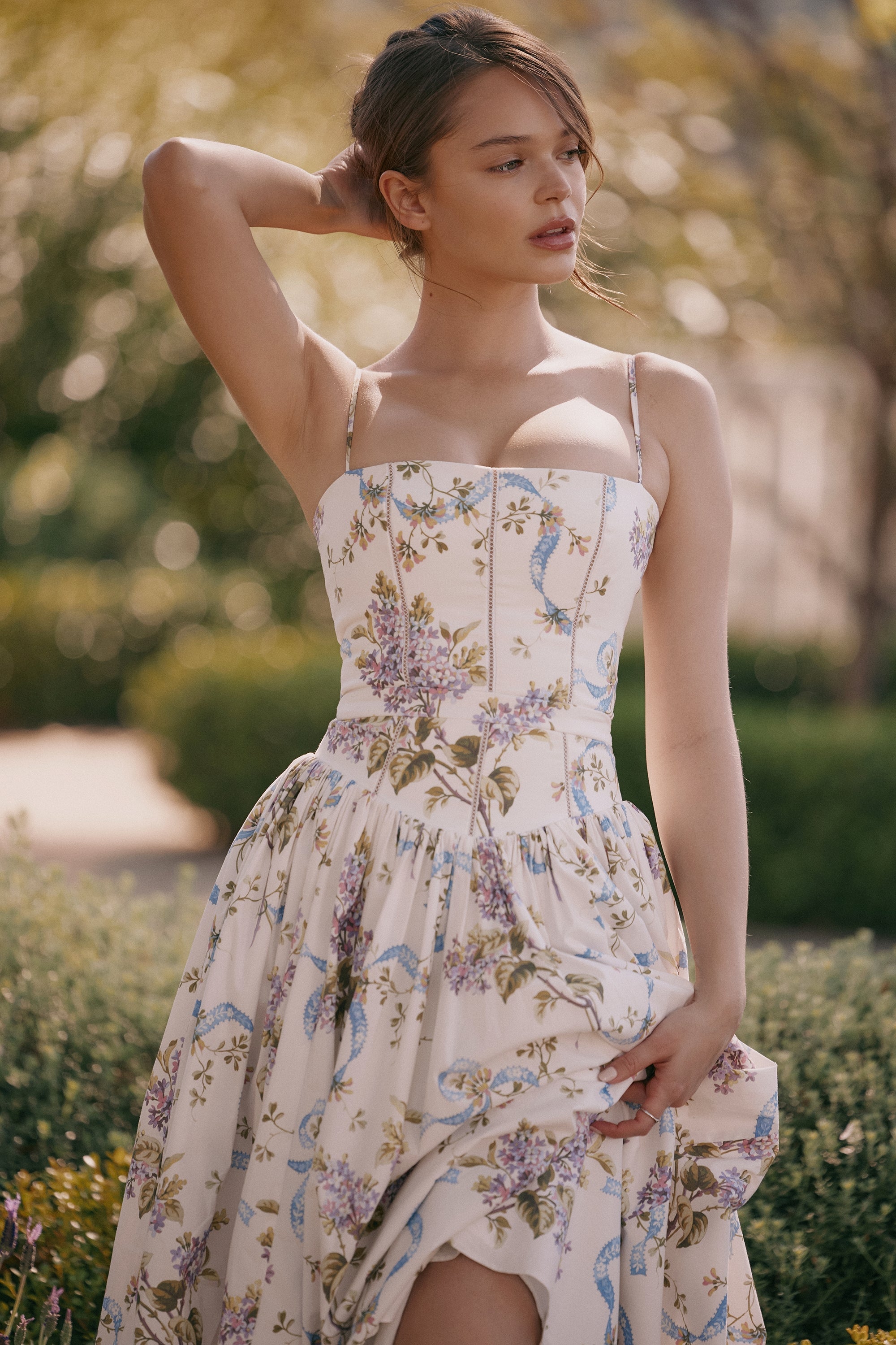 White Floral Pleated Waist Midi Dress