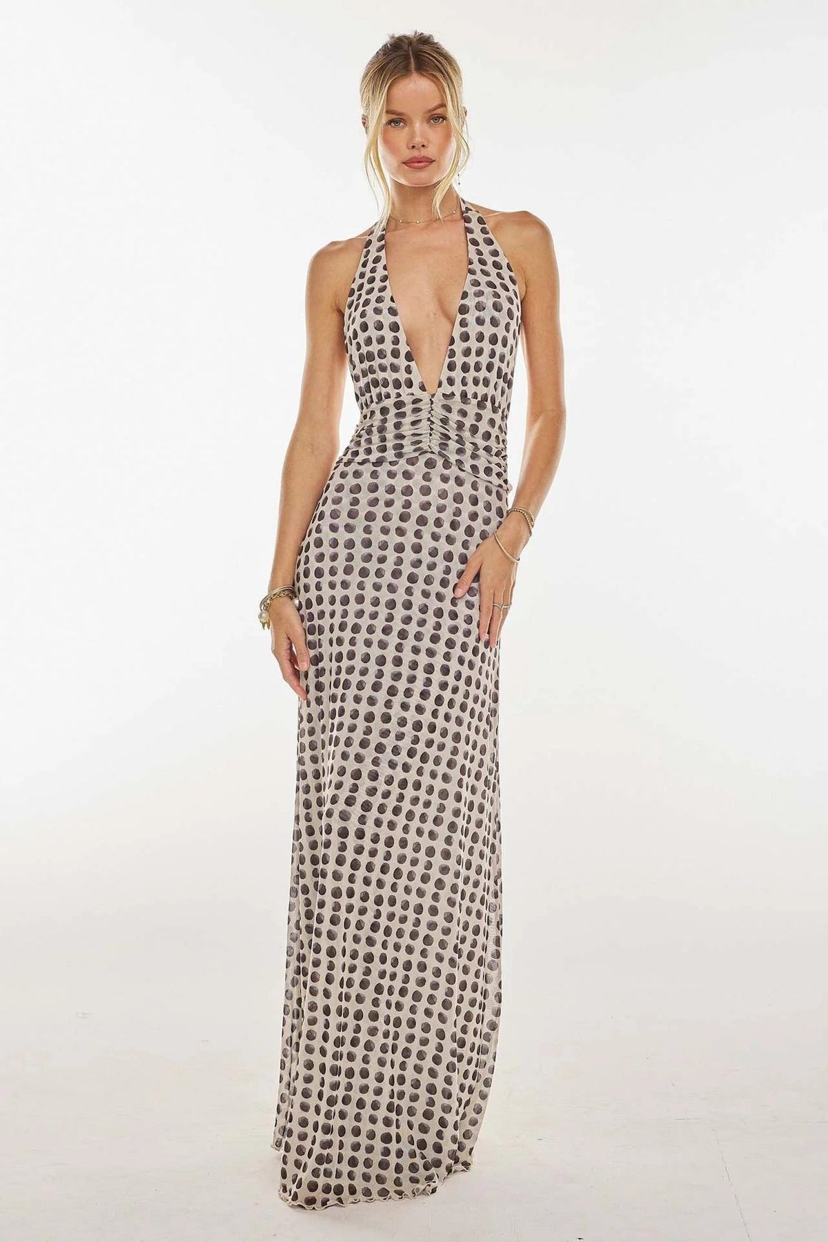 Polka Dot Plunging Halter Neck Maxi Dress