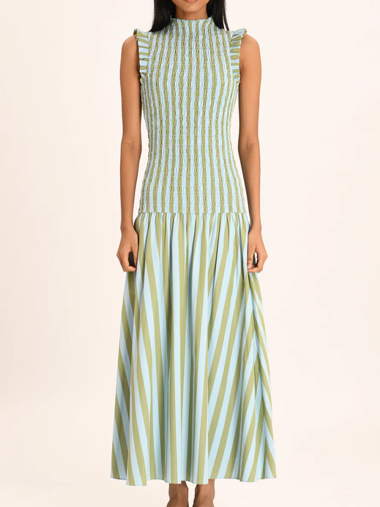 Green Striped Sleeveless Maxi Dress