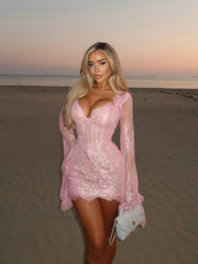 Blush Crochet Lace Bell-Sleeve Mini Dress