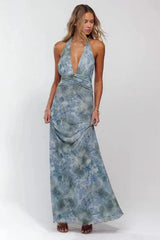 Polka Dot Plunging Halter Neck Maxi Dress