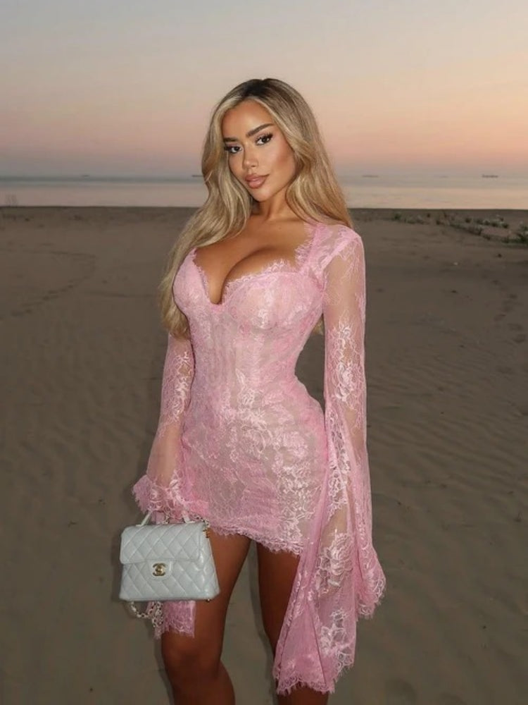 Blush Crochet Lace Bell-Sleeve Mini Dress