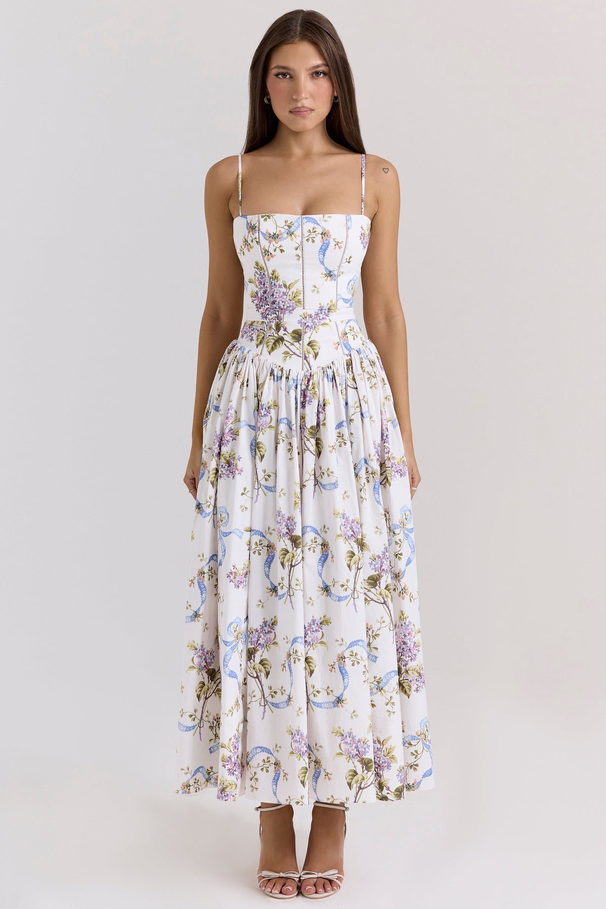 White Floral Pleated Waist Midi Dress