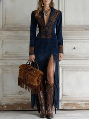 Vintage Embroidered Fringe High Slit Maxi Dress