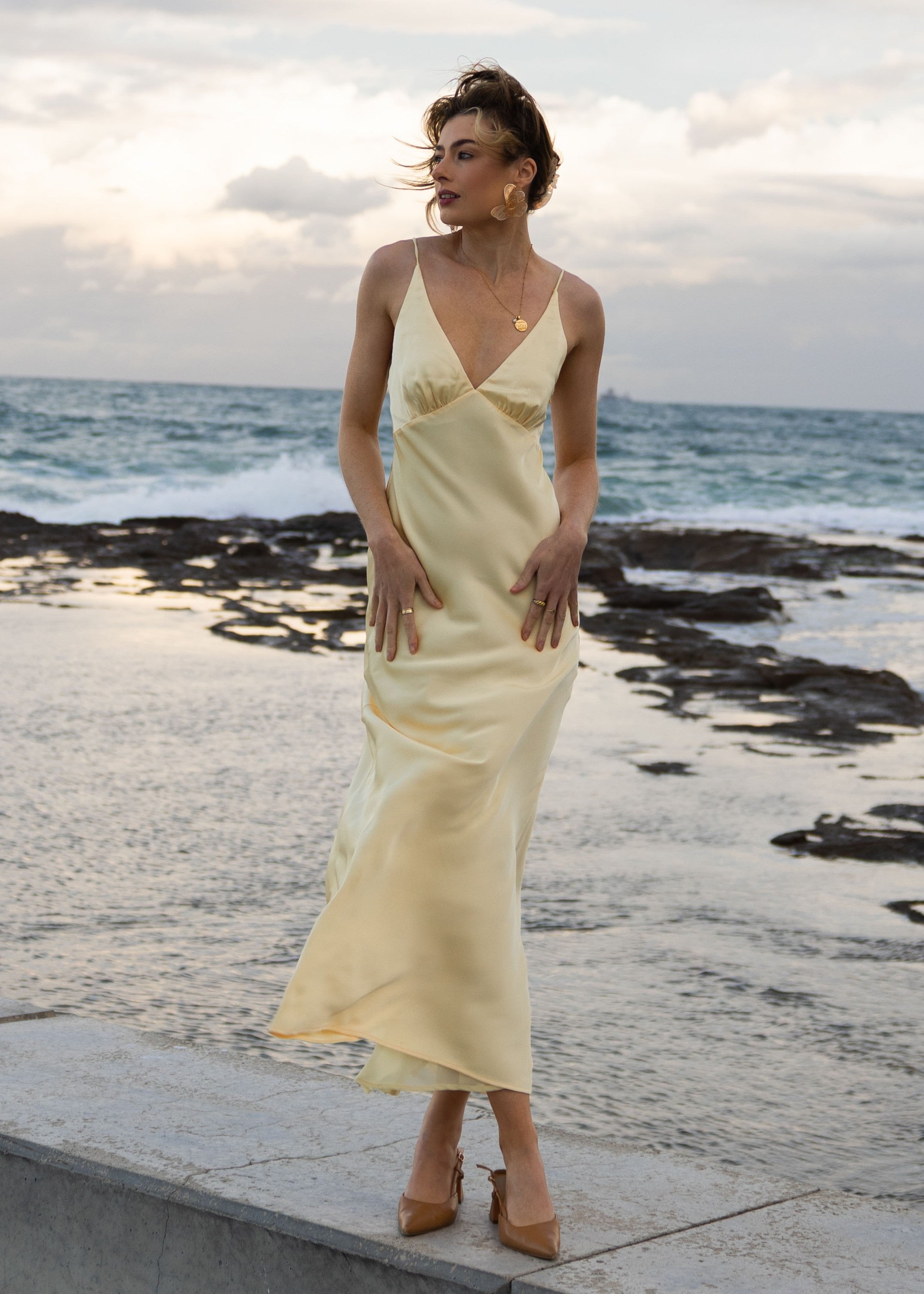 Light Yellow Satin V Neck Maxi Dress