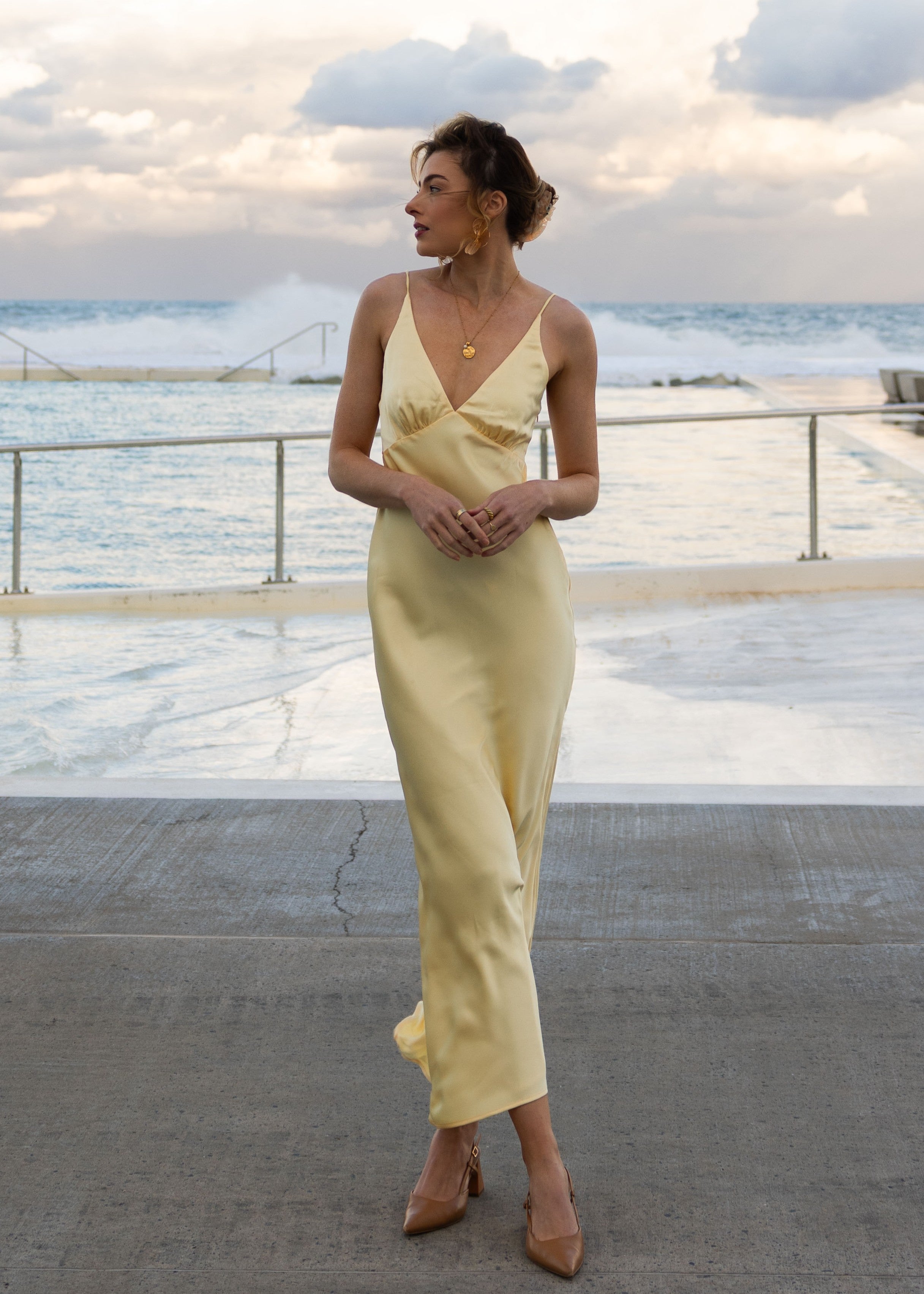 Light Yellow Satin V Neck Maxi Dress