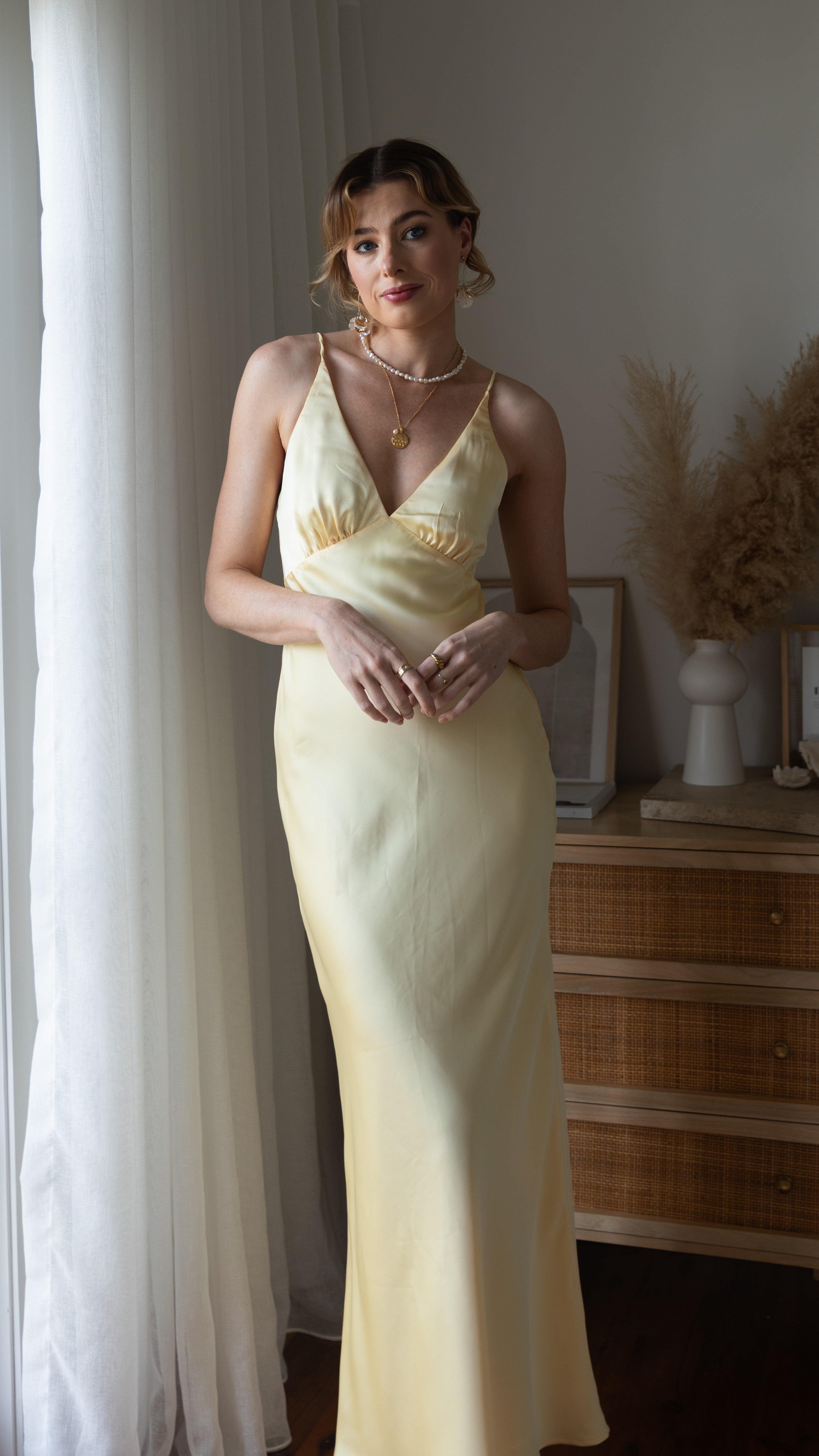 Light Yellow Satin V Neck Maxi Dress