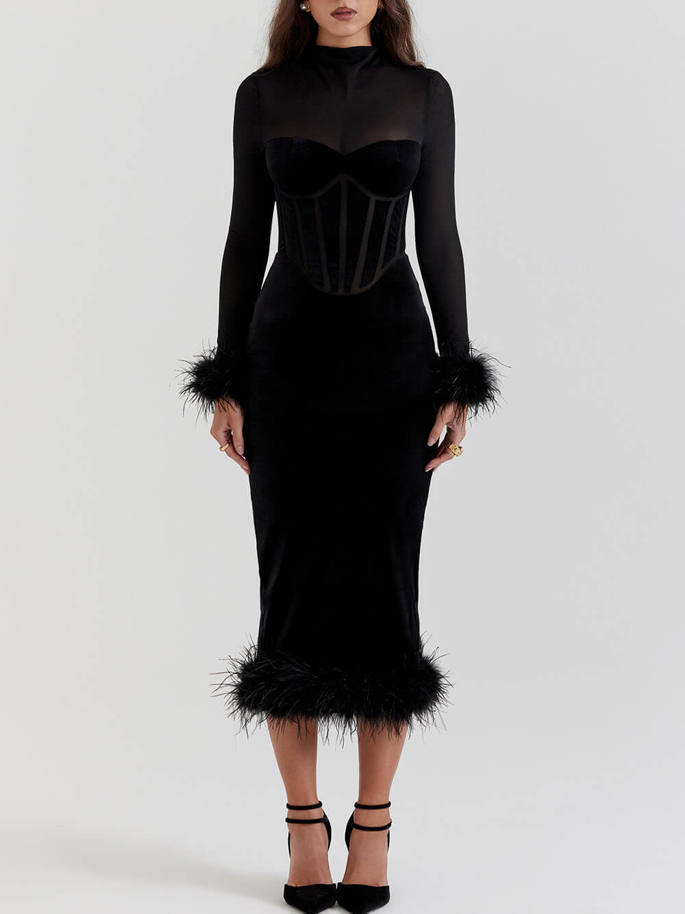 Black Velvet Bodycon Midi Dress