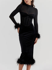 Black Velvet Bodycon Midi Dress