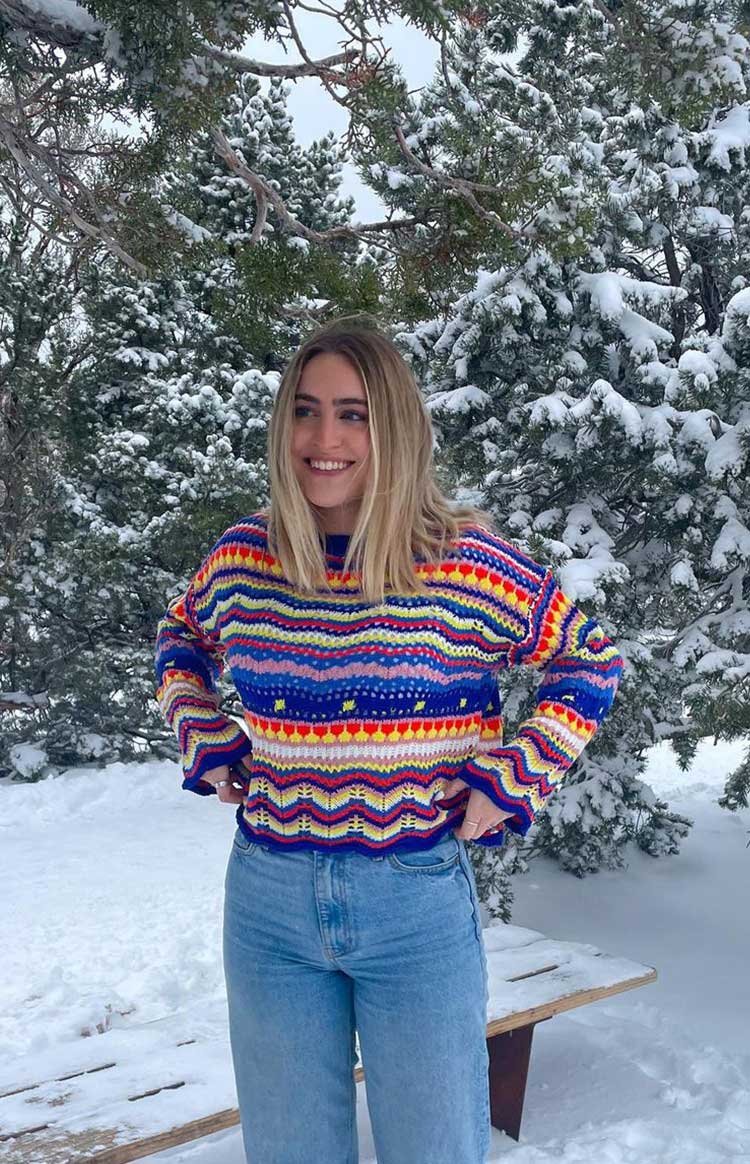 Blue Rainbow Striped Knit Sweater
