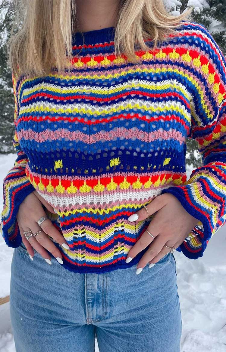 Blue Rainbow Striped Knit Sweater