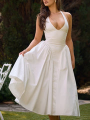 White V Neck Halter Midi Sundress