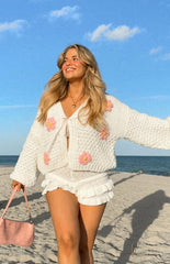 White Flower Front-Tie Knit Cardigan