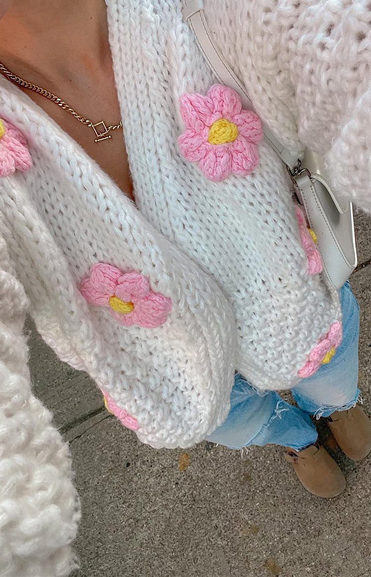 White Flower Front-Tie Knit Cardigan
