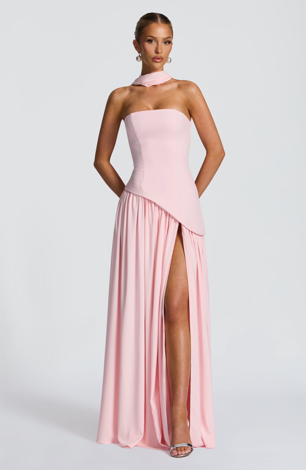 Blush Off Shoulder High Slit Maxi Dress