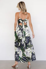 Green Tropical Leaves Print Midi Dress
