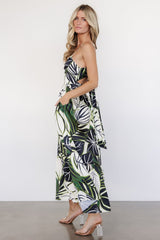 Green Tropical Leaves Print Midi Dress