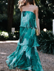 Green Leavy Print Strapless Tiered Maxi Dress