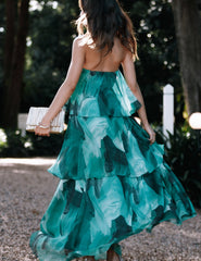 Green Leavy Print Strapless Tiered Maxi Dress