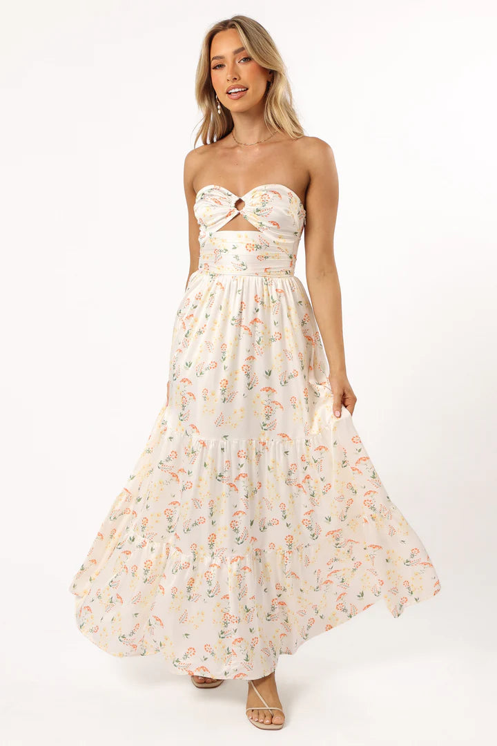 Dainty Yellow Floral Strapless Midi Dress
