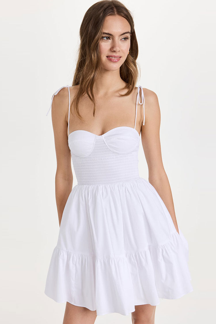 Sexy Sweetheart Tie Strap Smocked Fit & Flare Mini Summer Sundress - White