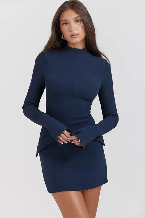 Trendy Mock Neck Bell Sleeve Pocket Trim Bodycon Mini Party Dress
