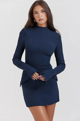 Trendy Mock Neck Bell Sleeve Pocket Trim Bodycon Mini Party Dress