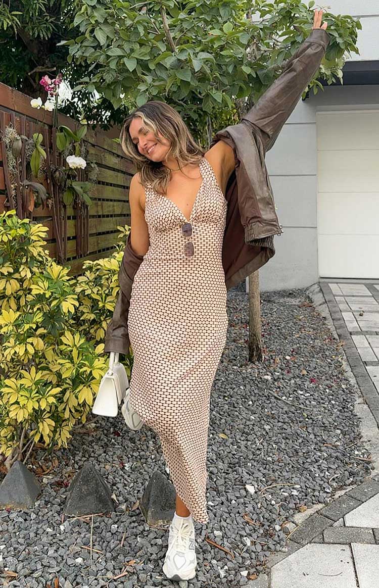 Beige Geo Print Maxi Dress