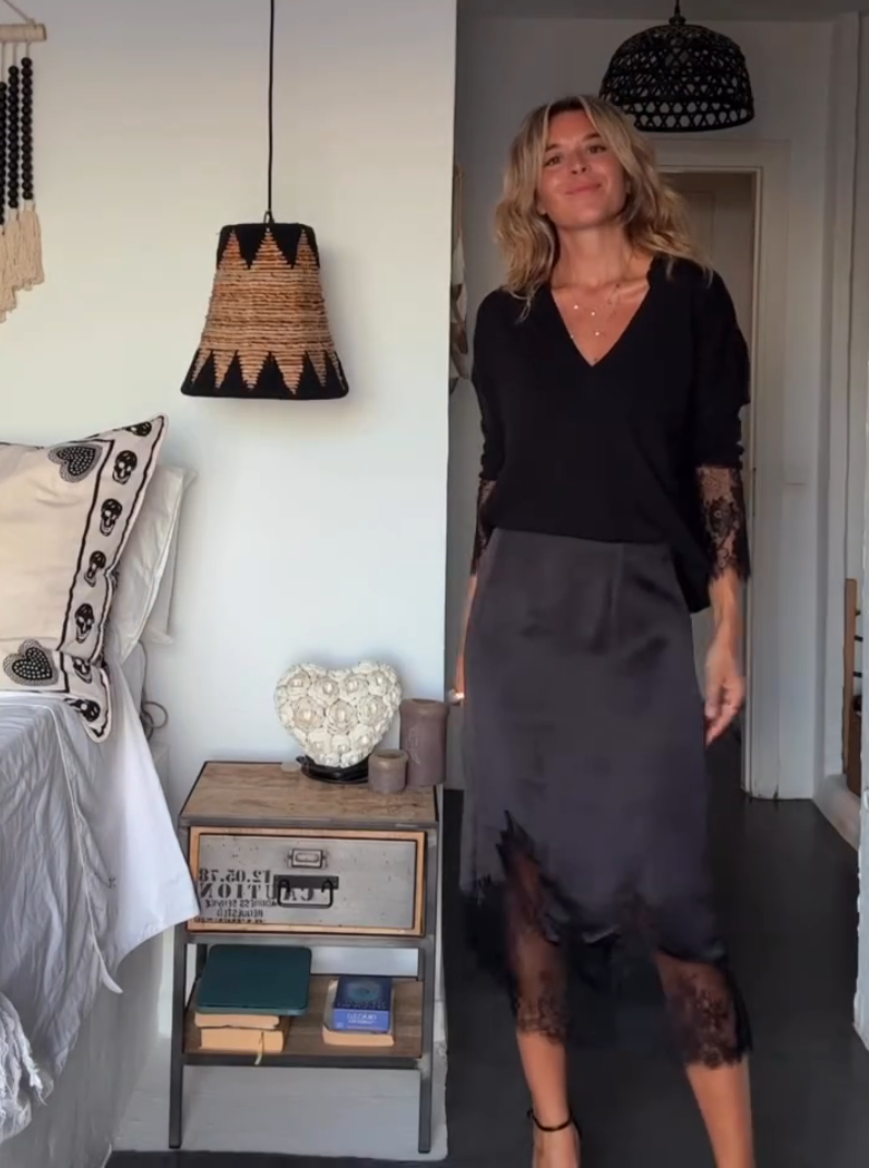 Black Long Sleeves Top and Satin Midi Skirt Two Piece Set