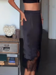 Black Long Sleeves Top and Satin Midi Skirt Two Piece Set