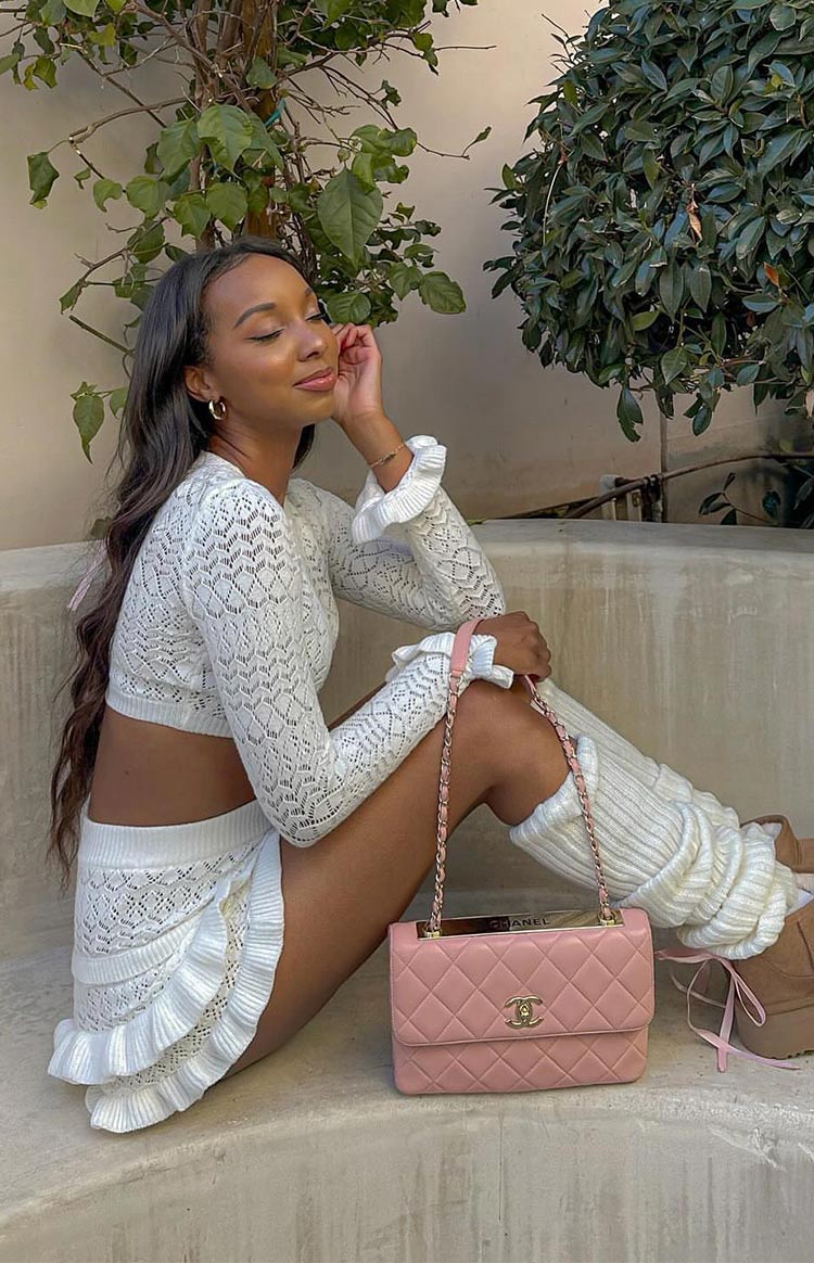 White Crochet Knit Ruffle Shorts