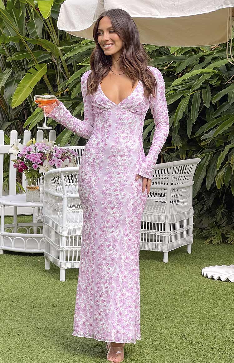 Light Pink Floral Long Sleeve Maxi Dress
