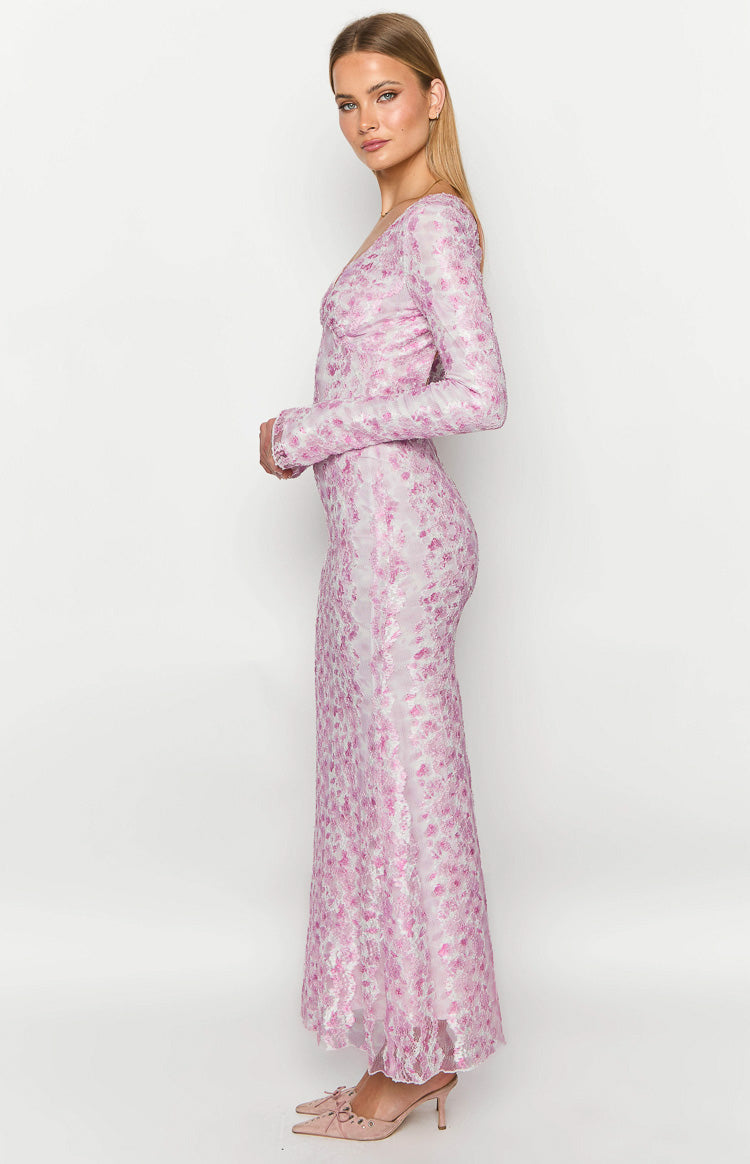 Light Pink Floral Long Sleeve Maxi Dress