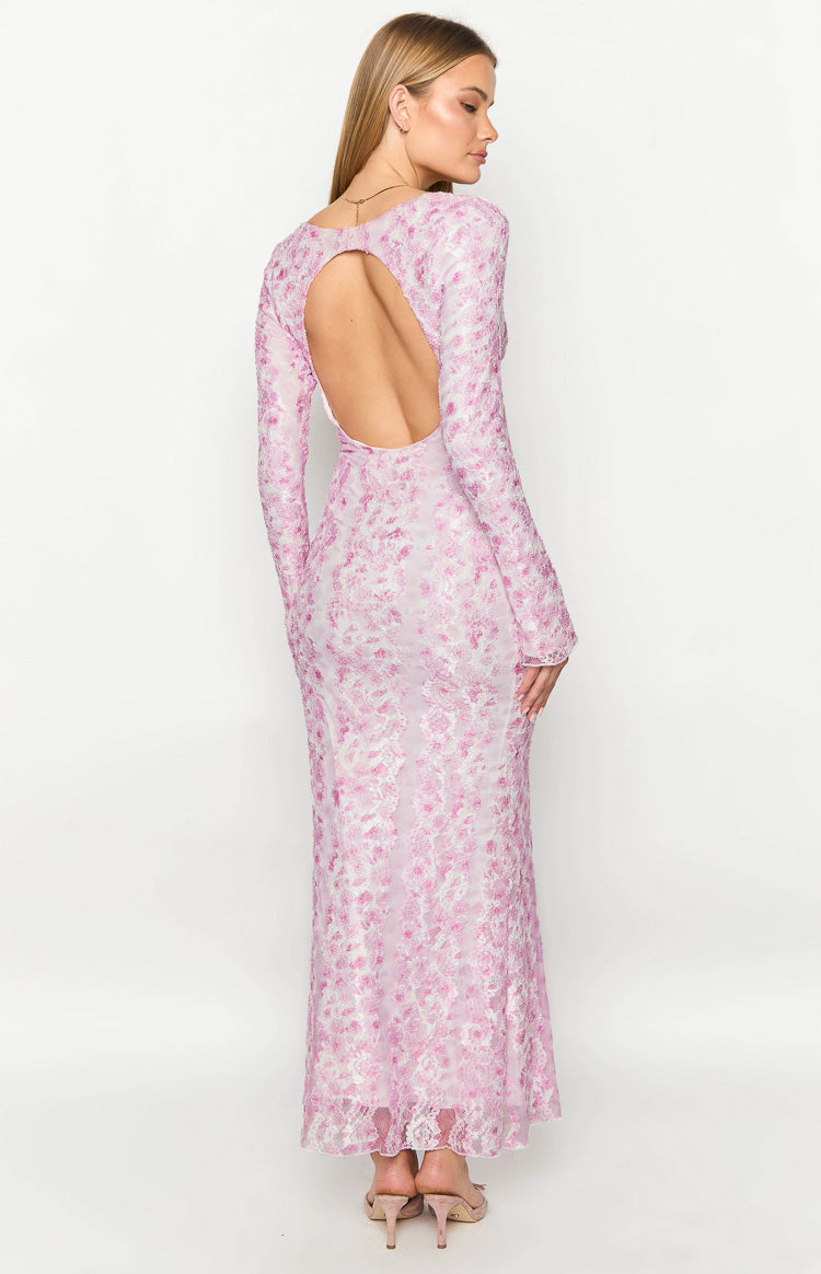 Light Pink Floral Long Sleeve Maxi Dress